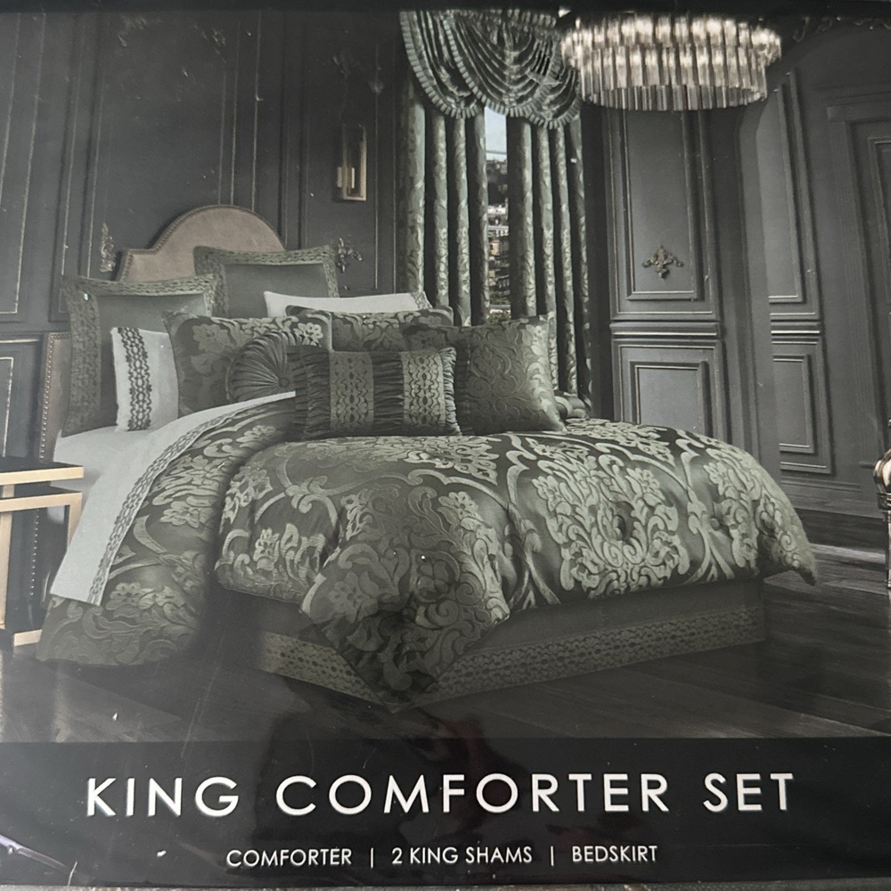 J. Queen New York Santino King Comforter Set 4 Piece Sage Green Gold Luxury